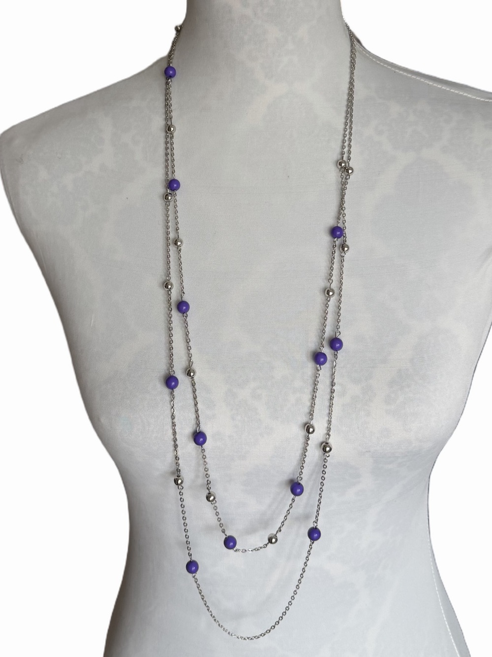 Purple Beaded Layered Silver Tone Necklace| Long Multi-Strand Statement Necklace